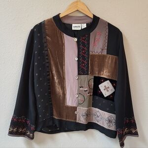 VTG Chico's Silk Velvet Embroidered Blouse Jacket Size 1 Med Artsy Patchwork